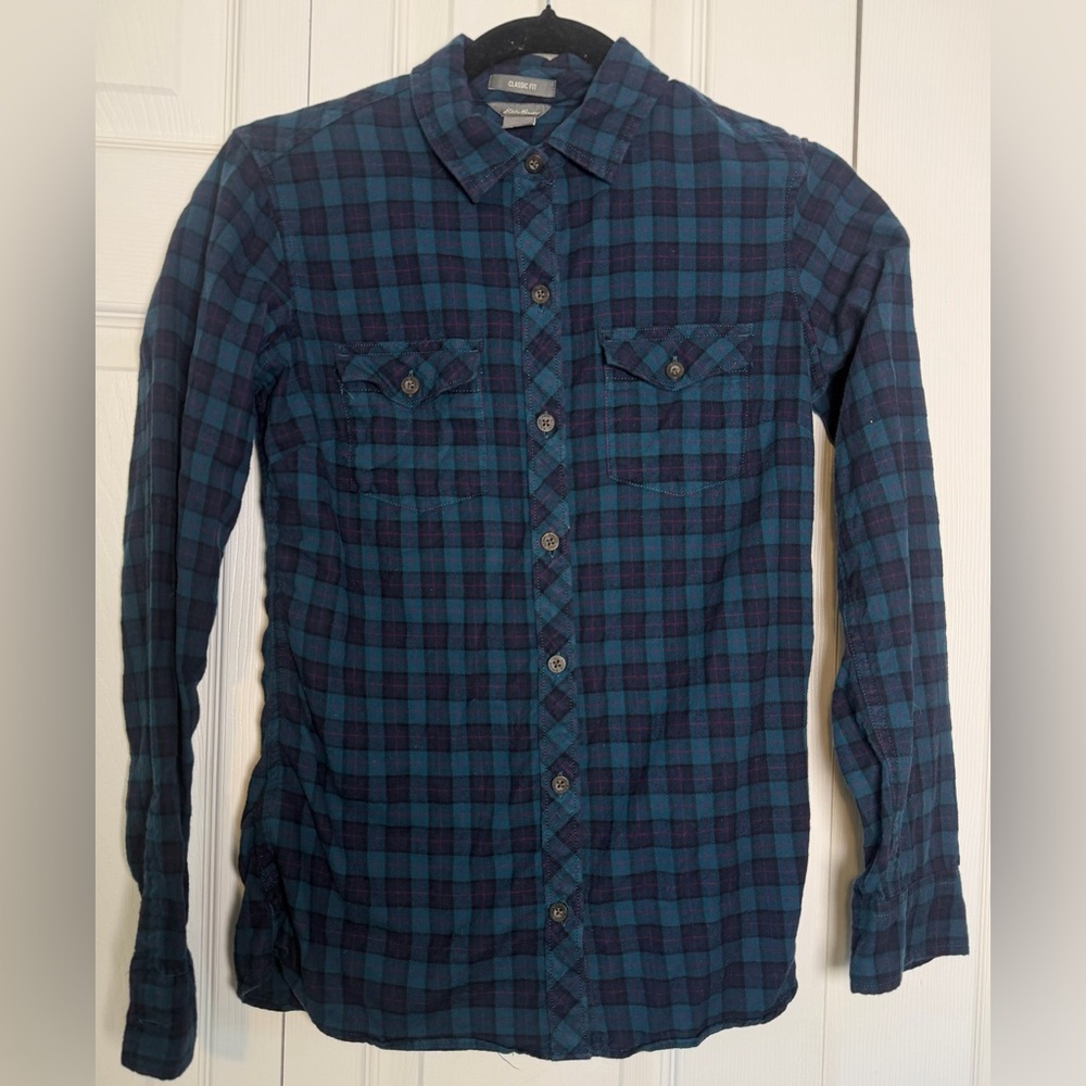 Eddie Bauer Women’s Classic Fit Blue Green Plaid Button-Up Shirt